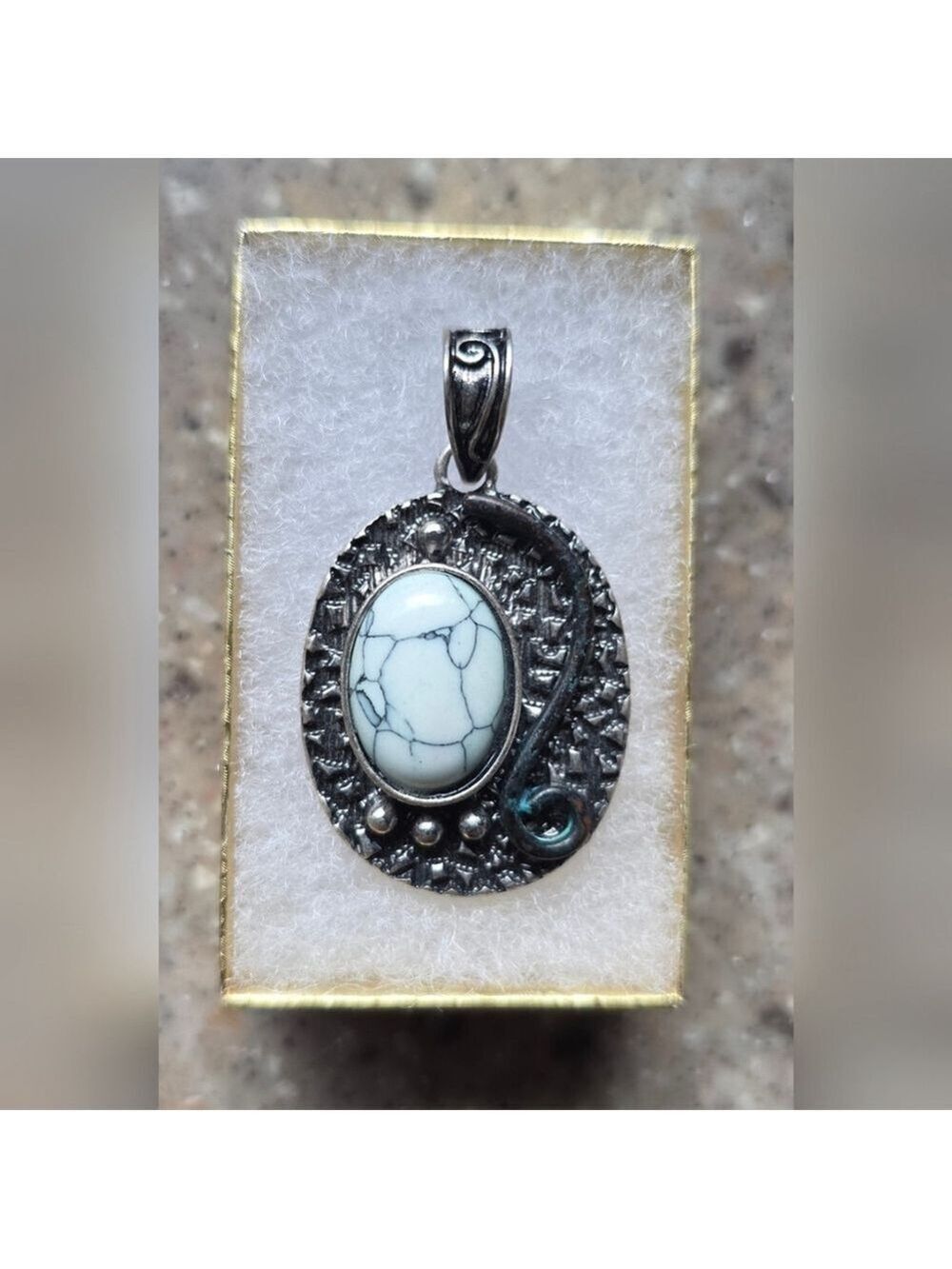 Vintage Turquoise Faux Silver Tone Oval Pendant